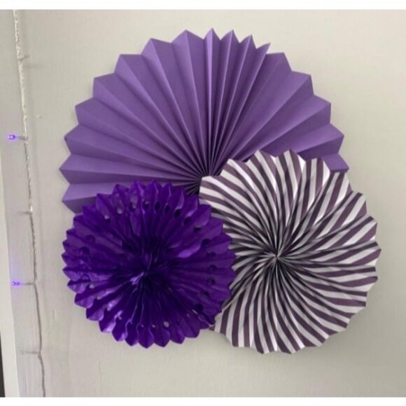 Party Decoration, 21 Pcs Purple and Lavender Hanging Paper Fans, Pom Pom - Picture 3 of 4